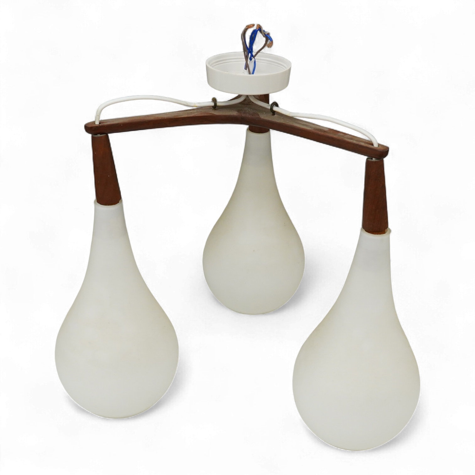 A mid century three light ceiling fitting with opaque glass shades, 38cm high overall